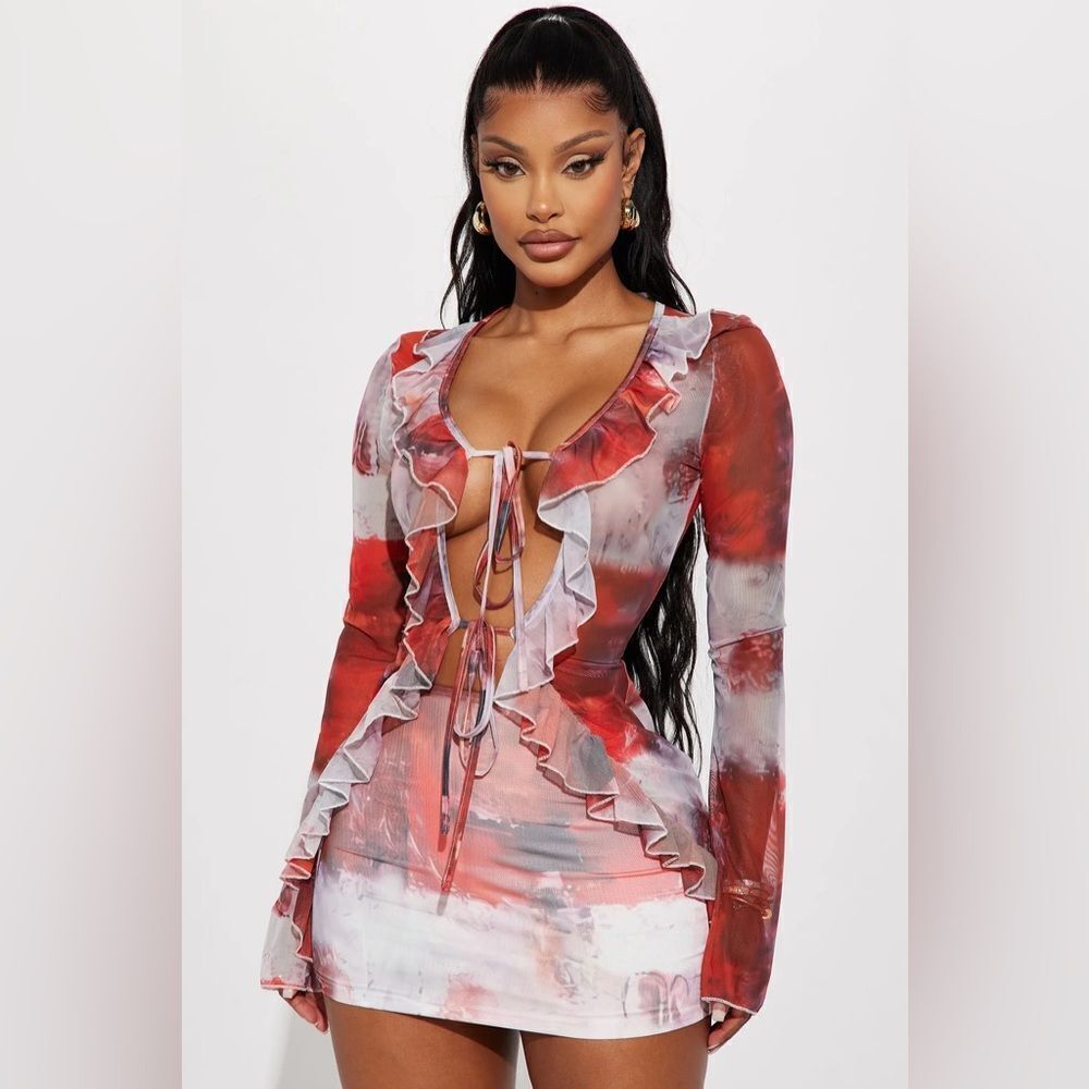 Got A Crush Mesh Skirt Set - Red/combo